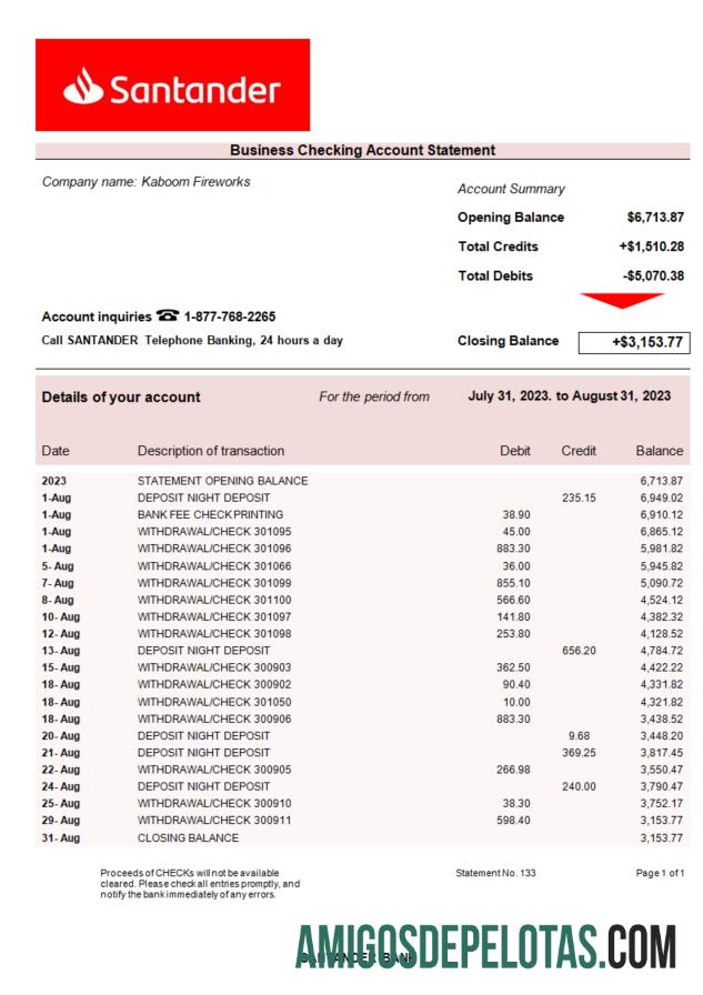 Em branco Extrato de conta da empresa do banco Santander modelo Word e PDF